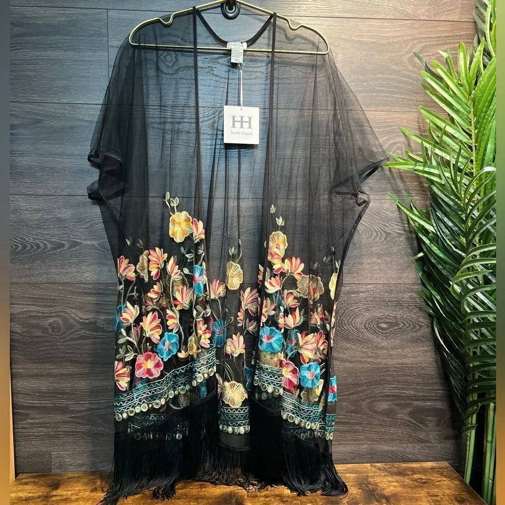 Haute Hippie Black Mesh Floral Embroidered Fringe Boho, Festival Kimono, OS, NWT